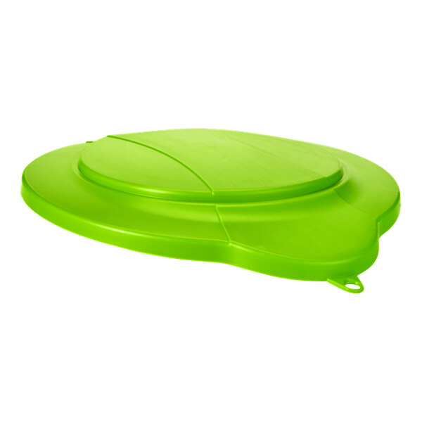 A Vikan lime green plastic lid with a curved edge and a handle.