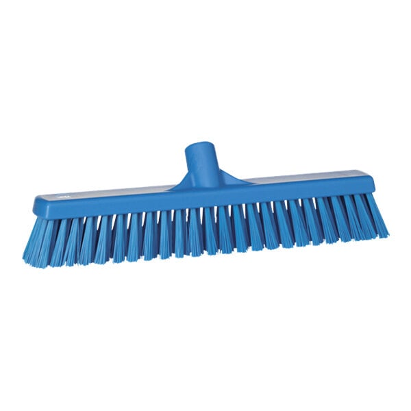 A blue Vikan push broom head with long bristles.
