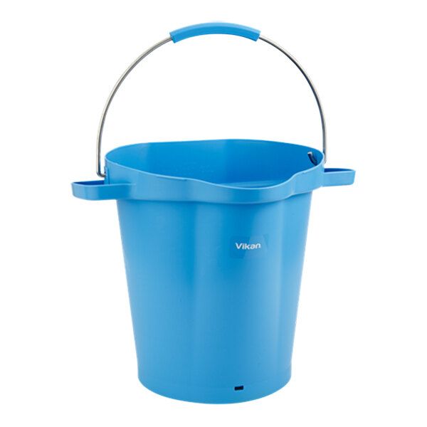 A Vikan 5 gallon blue hygiene bucket with a handle.