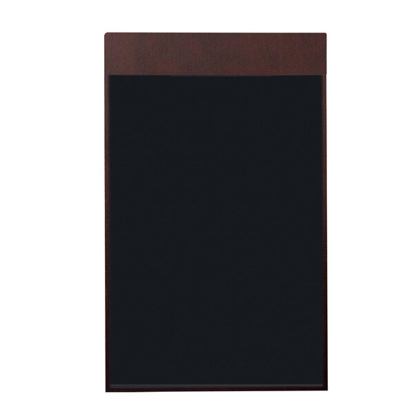 A black leather menu cover with a wooden frame.