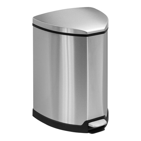 A silver stainless steel Safco step-on trash can with black trim.