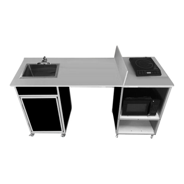 A black Monsam wheelchair accessible portable kitchen with a self-contained sink and microwave.