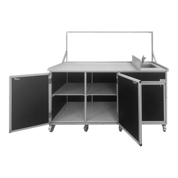 A black Monsam food service cart with a sink and two doors.