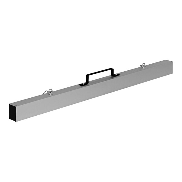 A long rectangular metal object with a black handle.