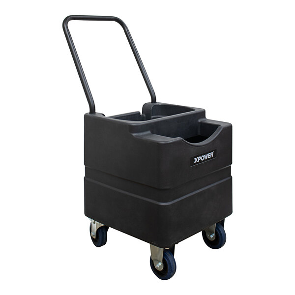 An XPOWER black plastic water reservoir tank with wheels.