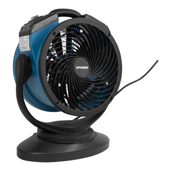 A blue and black XPOWER Portable Cooling Misting Fan with a cord attached.