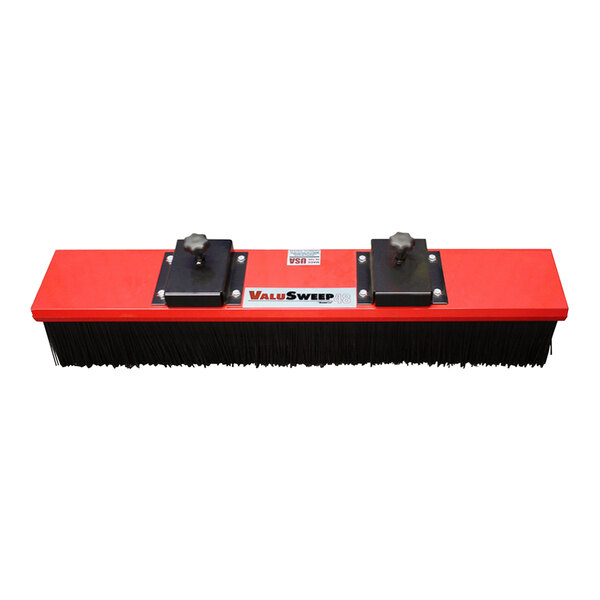A red and black Forklift Mounted Brush Sweeper with a black knob.