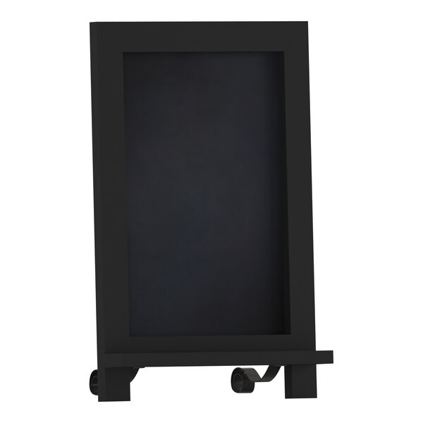 A black rectangular chalkboard with metal scrolled legs.