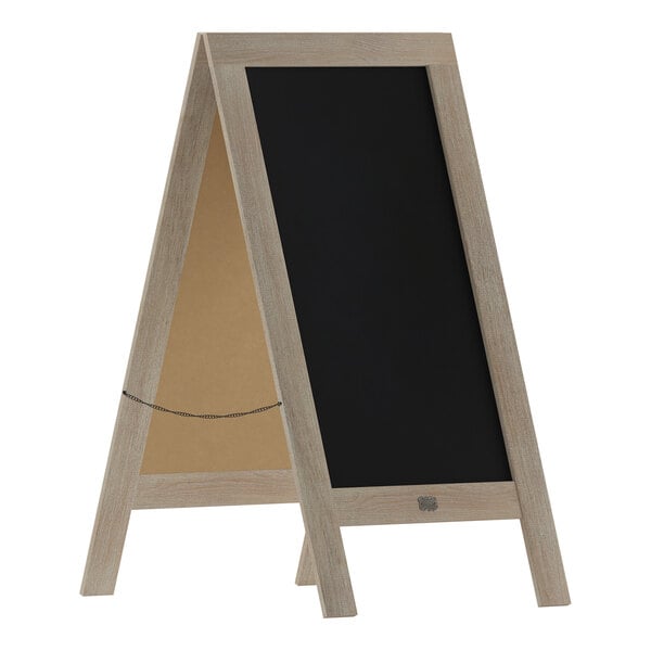A Flash Furniture Canterbury vintage weathered wood A-frame chalkboard with a black board and wooden frame.
