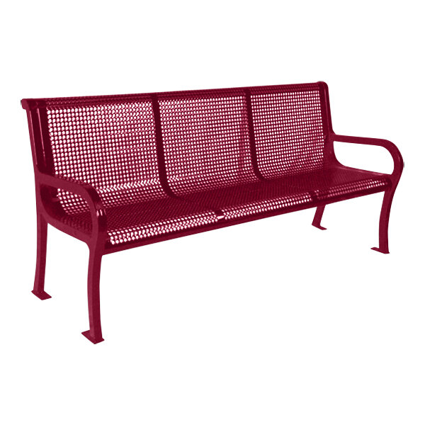 An Ultra Site Lexington burgundy metal park bench with a perforated mesh back.