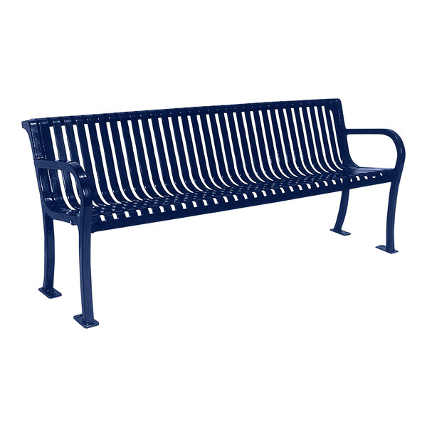 An Ultra Site Lexington Ultra Blue metal bench with a black back and arms.