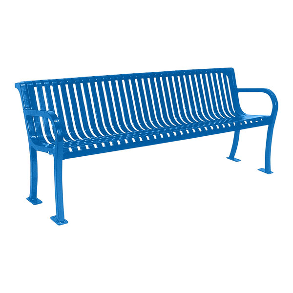 An Ultra Site blue metal slat bench with a backrest.