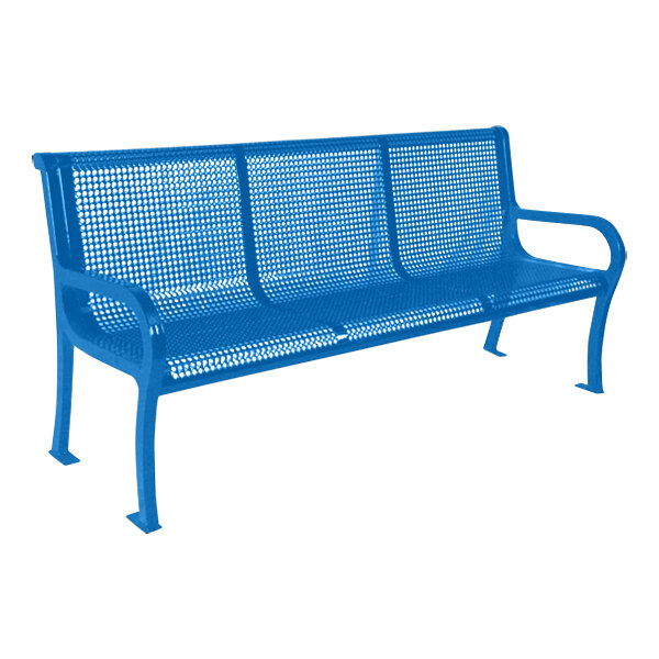 An Ultra Site blue metal park bench with backrest and perforated seats.