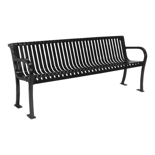 An Ultra Site black metal slat bench with backrest.