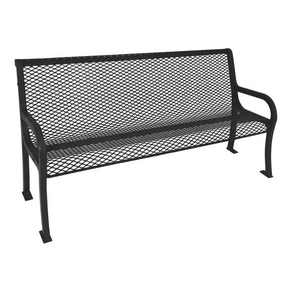 An Ultra Site Lexington black metal bench with a mesh back.