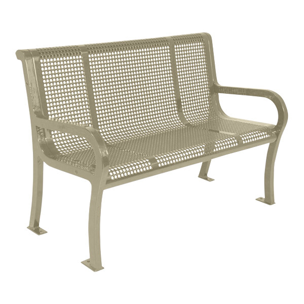 An Ultra Site Lexington beige metal bench with a perforated back.