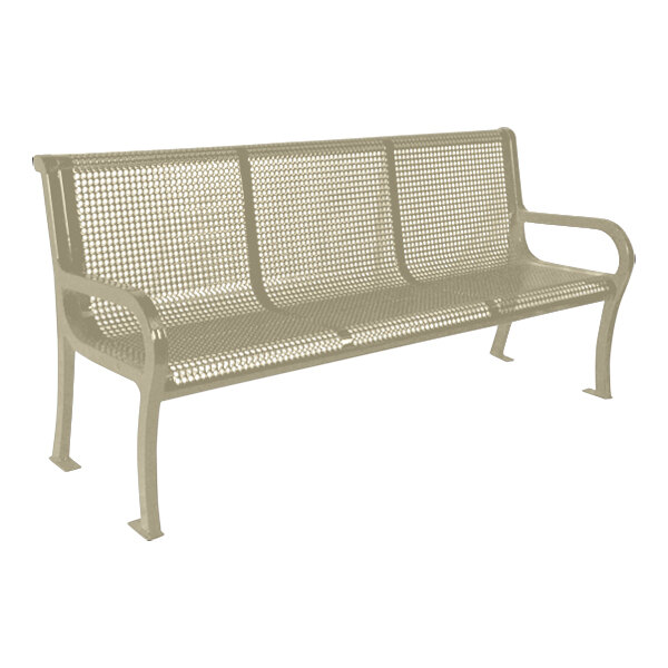 An Ultra Site Lexington beige metal bench with backrest and perforated seat.