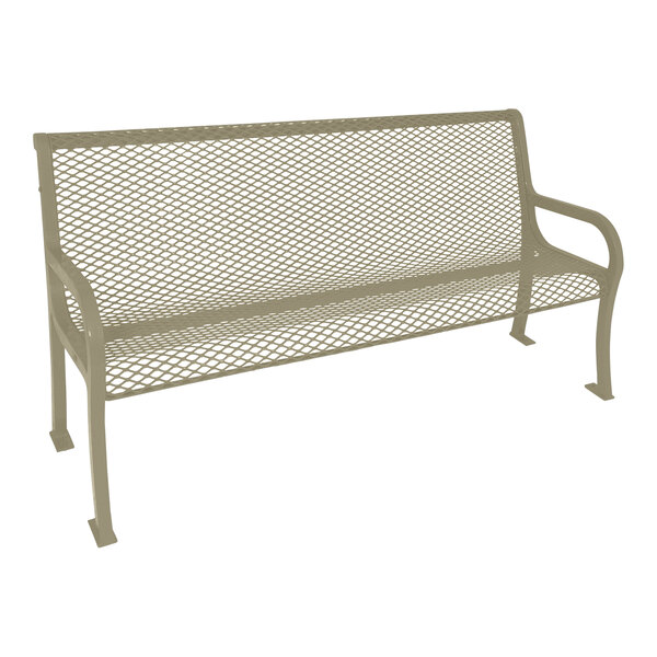 An Ultra Site Lexington beige park bench with a metal mesh back.