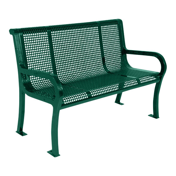 An Ultra Site green metal bench with a mesh back.
