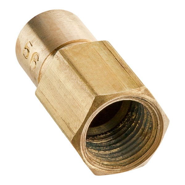 A close-up of a brass nut with threads.