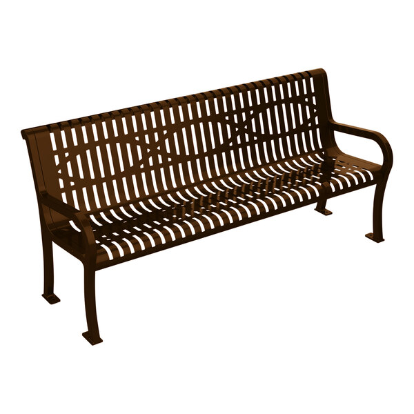 An Ultra Site brown wave bench with a metal frame and wooden seat.