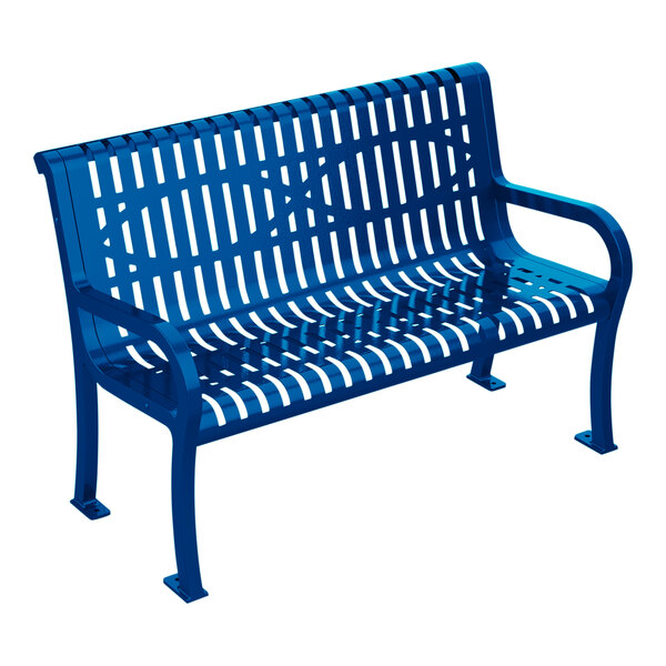 An UltraSite blue metal park bench with a backrest.