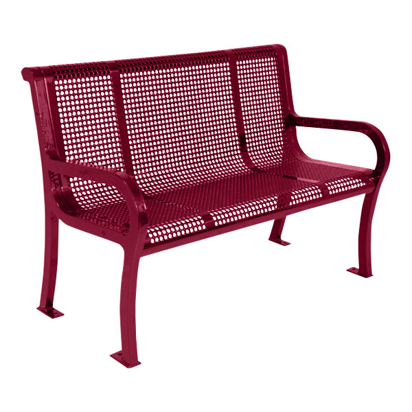 An Ultra Site Lexington burgundy metal bench with a perforated backrest.