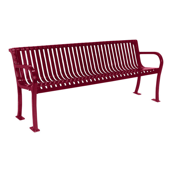 An Ultra Site Lexington burgundy metal slat bench with backrest.