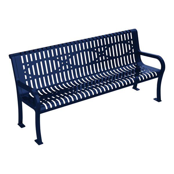 An Ultra Site Lexington blue metal bench with white stripes on the backrest.