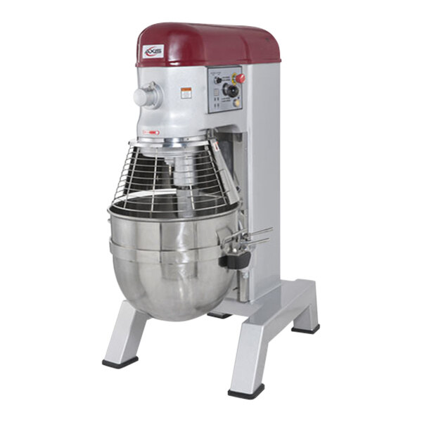 An Axis 80 Qt. floor mixer with a red bowl and metal guard.