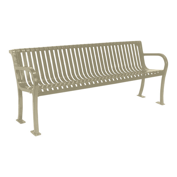 An Ultra Site beige metal bench with a backrest.