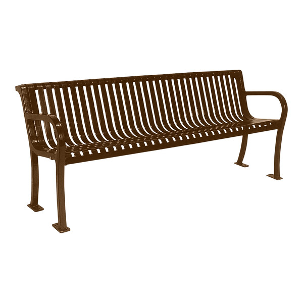 An Ultra Site brown metal slat bench with backrest.