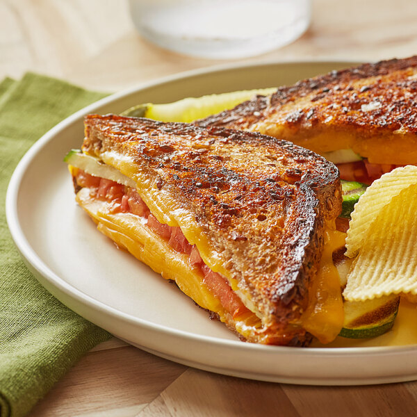 A grilled cheese sandwich made with Violife Just Like Easy Melt American Vegan Cheese slices on a plate.