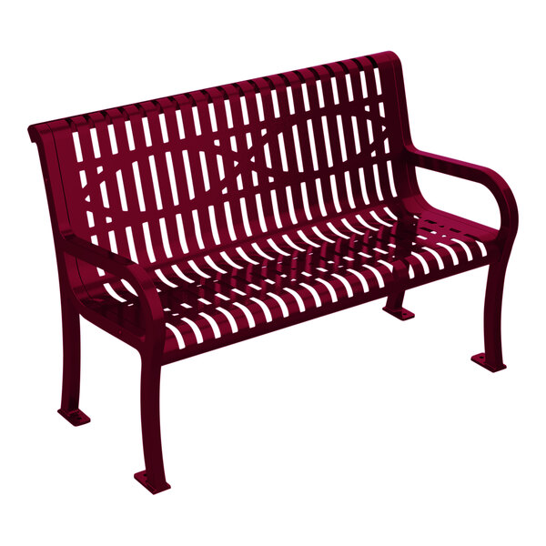 An Ultra Site Lexington burgundy metal bench with a wave design on the backrest.