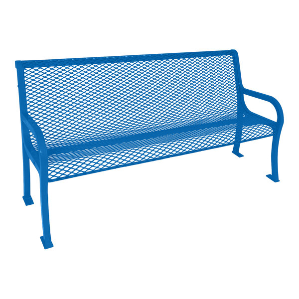 An Ultra Site Lexington blue metal park bench with a mesh back.
