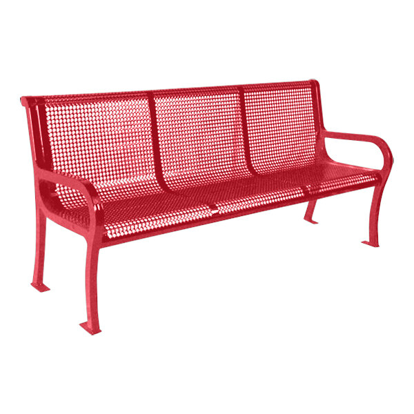 A red metal Ultra Site Lexington bench with a mesh back.