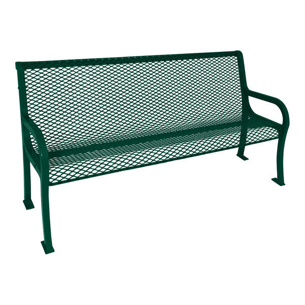 An Ultra Site Lexington green metal bench with a mesh back.