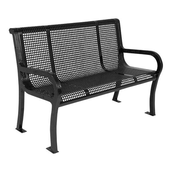 An Ultra Site black metal perforated bench with a backrest.