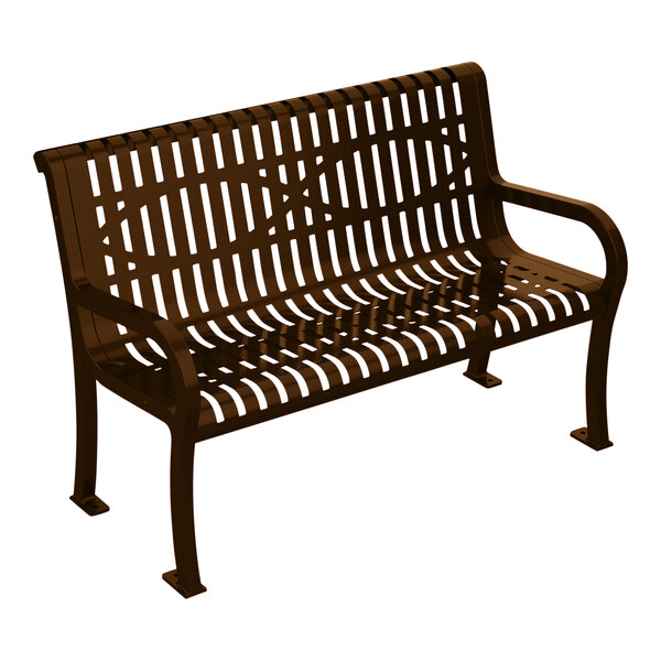 An Ultra Site brown wave bench with a metal frame and wooden backrest and seat.