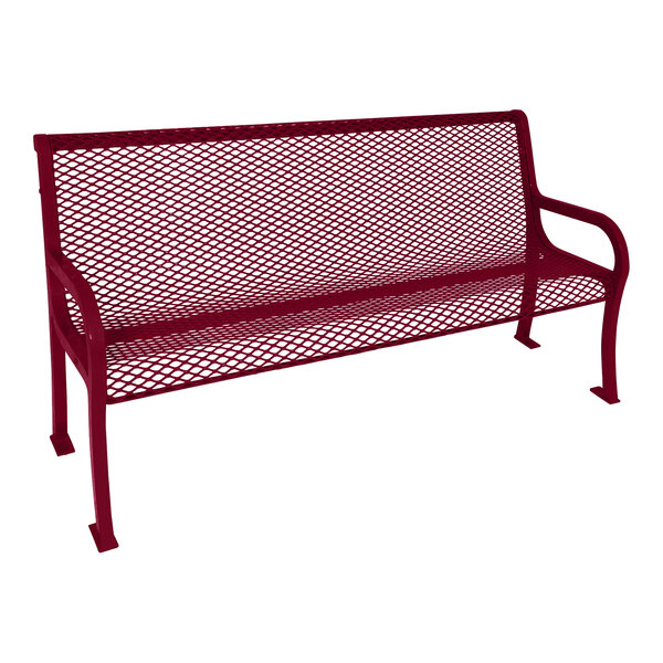 An Ultra Site Lexington burgundy park bench with a diamond pattern on the back and seat.