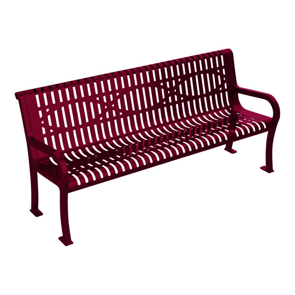 A burgundy metal Ultra Site Lexington wave bench with backrest.