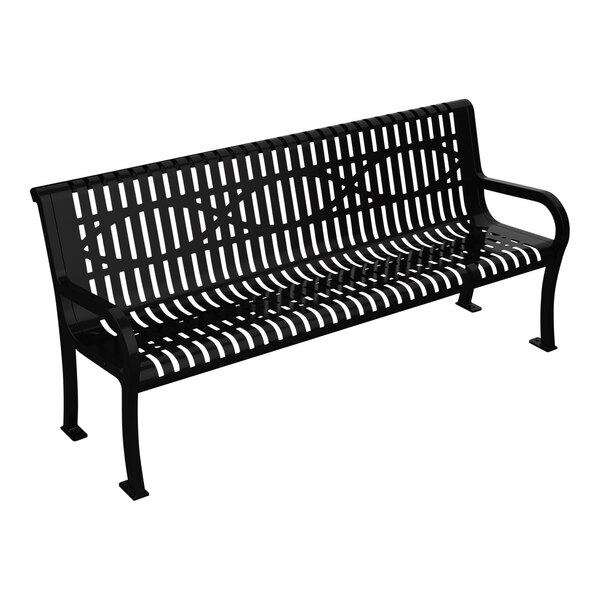 An Ultra Site Lexington black metal bench with backrest.