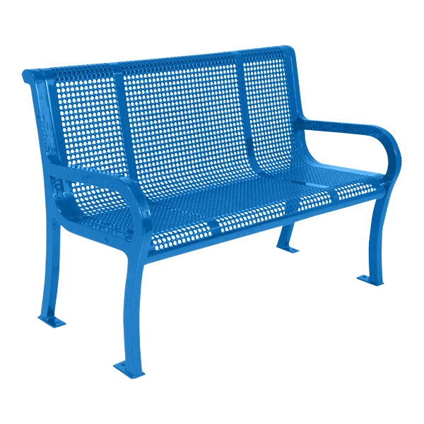 An Ultra Site Lexington blue metal bench with a backrest.