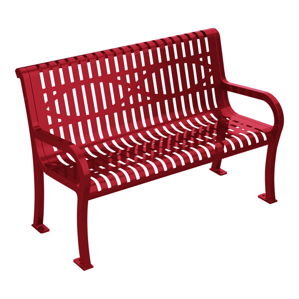 An Ultra Site red metal bench with a lattice design and backrest.