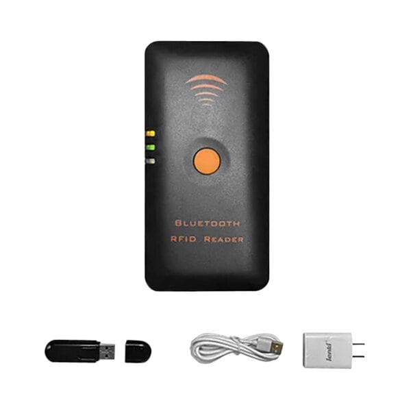 A black FoodSpot Bluetooth RFID smart sticker scanner with orange buttons and a USB cable.