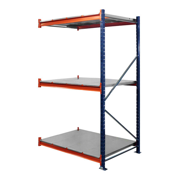 An Interlake Mecalux blue and orange metal shelving unit with three steel decks.