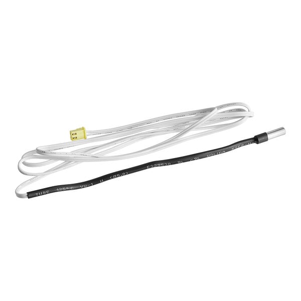 A white cord with a yellow wire attached to it.