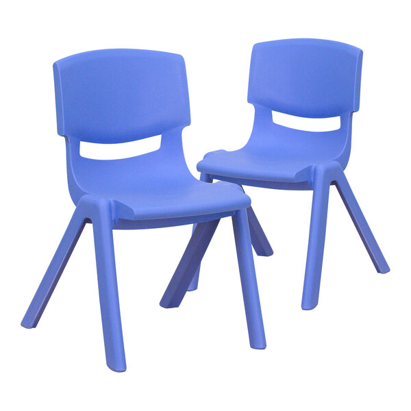 A pair of blue plastic Flash Furniture Whitney chairs with legs.
