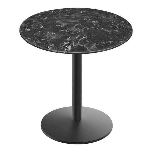 A Holland Bar Stool EuroSlim black marble round table with a round black metal base.