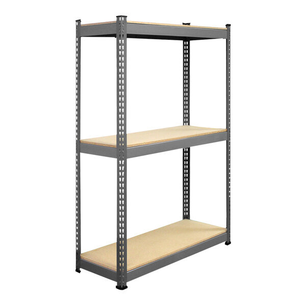 A grey metal Interlake Mecalux boltless shelving unit with two wooden shelves.